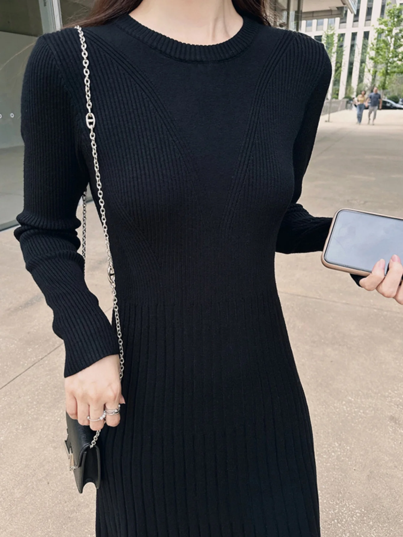 Solid Ribbed Sweater Dress, Casual Solid Long Sleeve Midi Dress, Women's Clothing - Deanwangkt