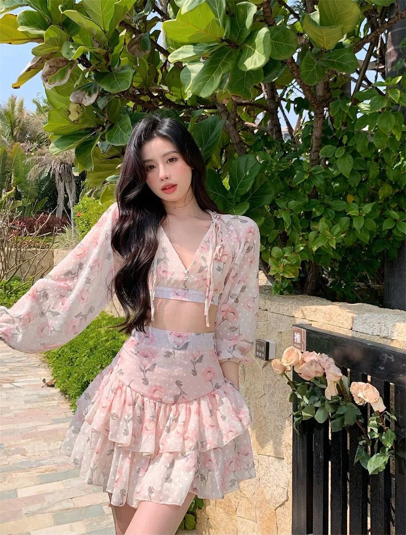 deanwangkt Spring Summer Sweet Two Piece Set Sexy Backless Shirt Crop Top + Cake Skirt Suits Floral Chiffon Boho Beach Outfits  Fairy Dress  For Women - Deanwangkt