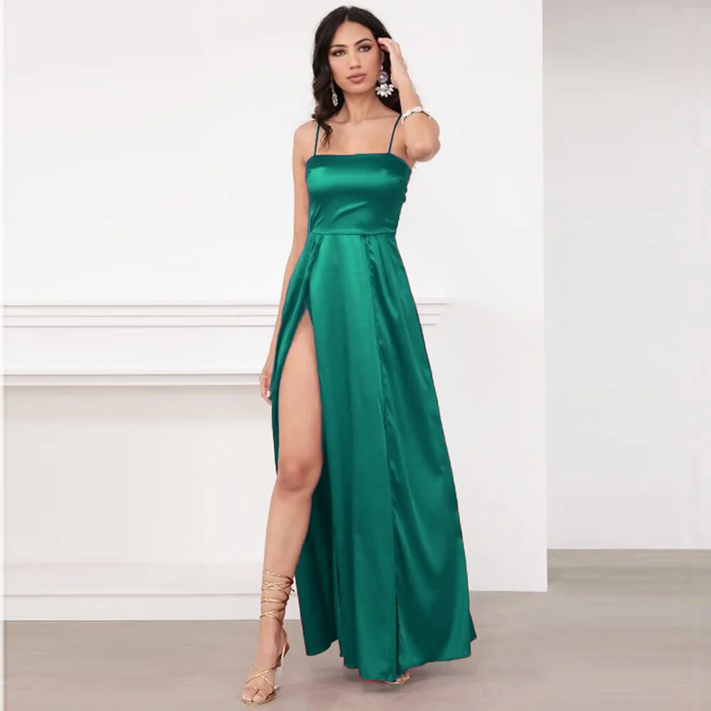 Womens Straps Prom Dress Long High Split Satin Evening Gowns Prom Spaghetti Formal Party Bridesmaid Dresses For Wedding - Deanwangkt