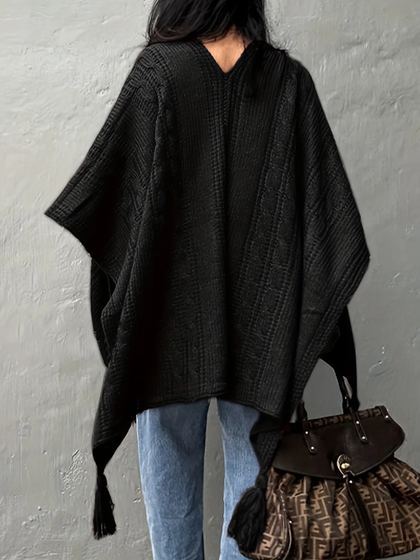 deanwangkt Plus Size Casual Cover Up, Women's Plus Solid Cape Sleeve Tassel Hem Beach Cover Up - Deanwangkt