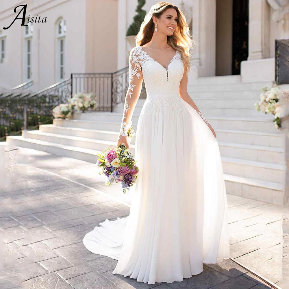 Elegant Long Sleeve A-Line Wedding Dresses  Lace Appliqued Long Sleeves Bride Dress Sweep Train Bridal Gown Vestido De Novia - Deanwangkt