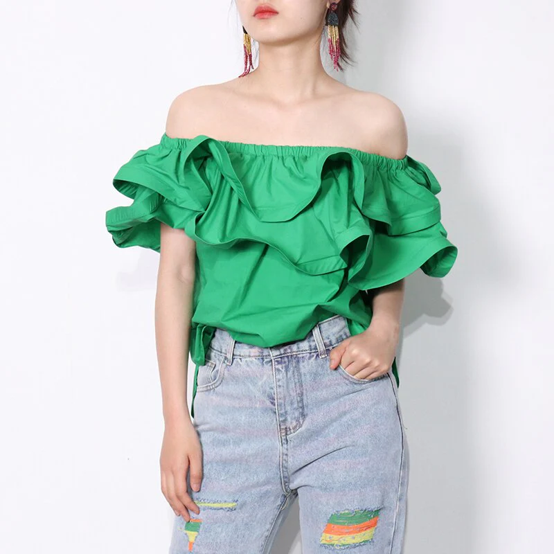 deanwangkt Ruffle Patchwork Short Blouse For Women Slash Neck Casual Solid Shirt Female Fashion New Clothing  Summer New - Deanwangkt