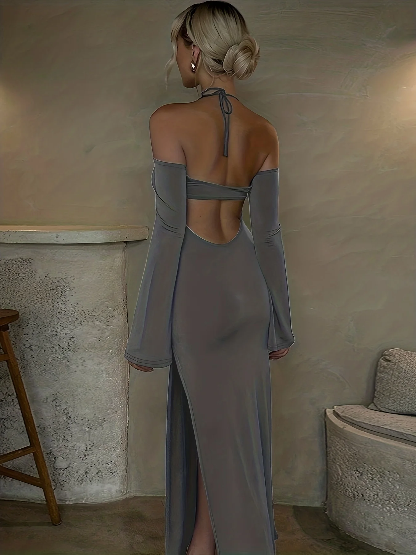 Halter Neck Backless Dress, Party Wear Split Thigh Long Sleeve Solid Dress, Women's Clothing - Deanwangkt