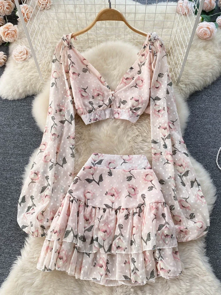deanwangkt Spring Summer Sweet Two Piece Set Sexy Backless Shirt Crop Top + Cake Skirt Suits Floral Chiffon Boho Beach Outfits  Fairy Dress  For Women - Deanwangkt
