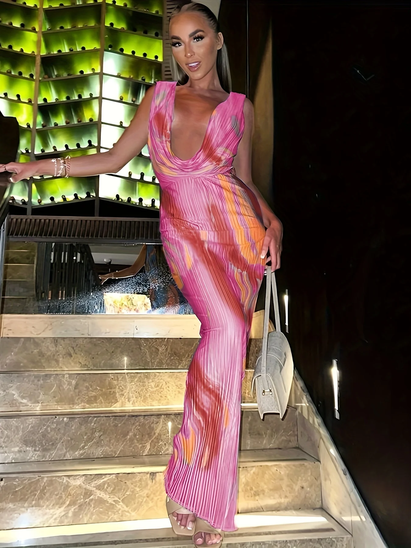 Graphic Print Cowl Neck Tank Dress, Elegant Sleeveless Bodycon Maxi Dress For Club & Party, Women's Clothing - Deanwangkt