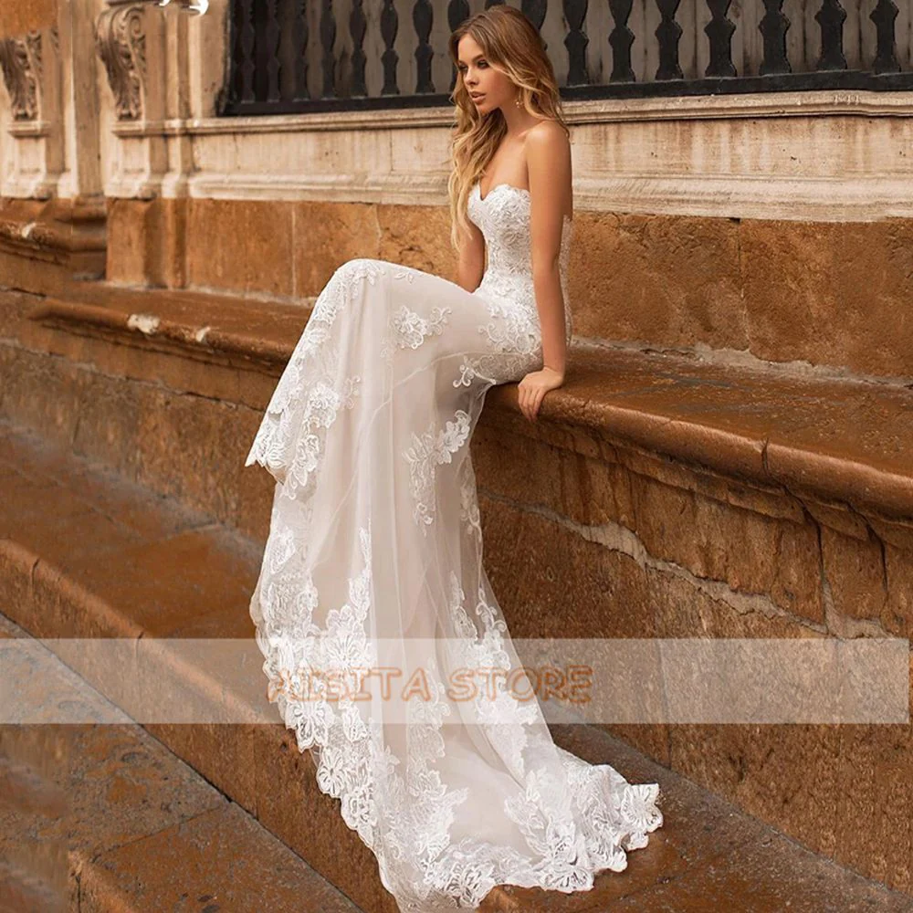 Elegant Wedding Dresses  Sweetheart Neck Sleeveless Lace Appliques Court Train Bridal Gowns Vestido De Novia Custom - Deanwangkt