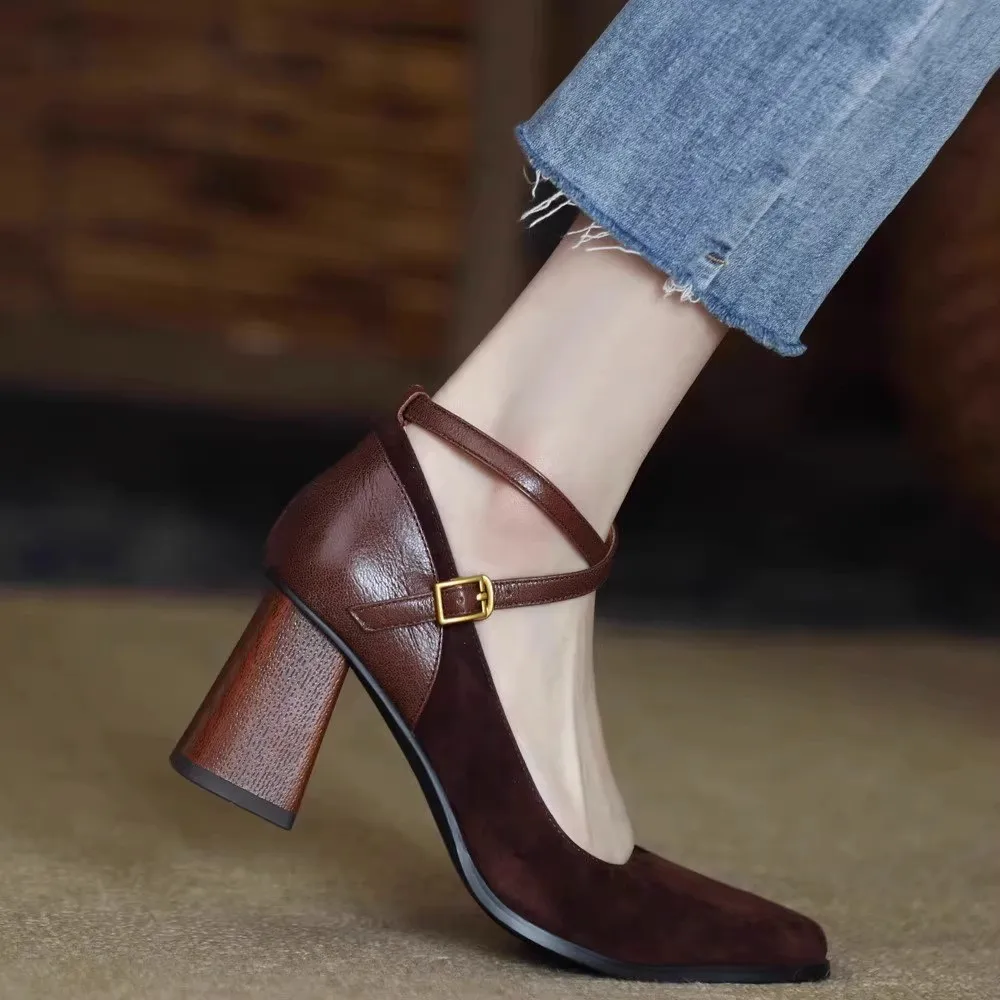 deanwangkt New Vintage Super High Heels Mary Jane Shoes Women Ankle Buckle Platform Pumps Woman Round Toe Chunky Heeled Lolita Shoes - Deanwangkt