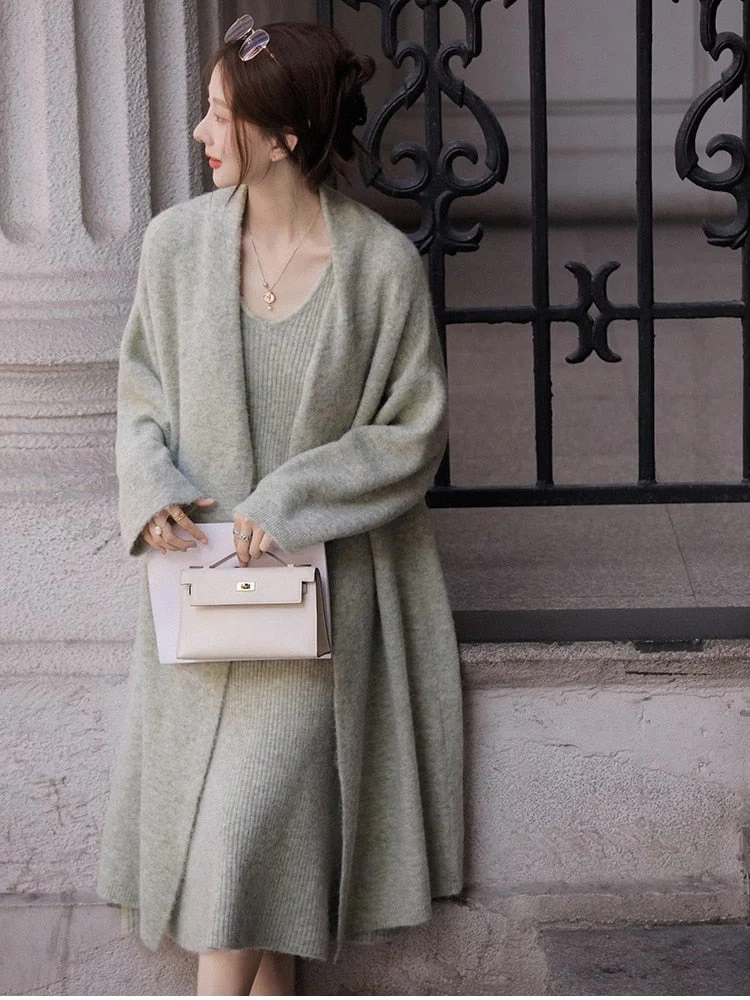 deanwangkt  New Women's Autumn and Winter Thickened Comfortable Loose Long Sweater Jacket Knitted Dress Two Piece Autumn and Winter Set - Deanwangkt