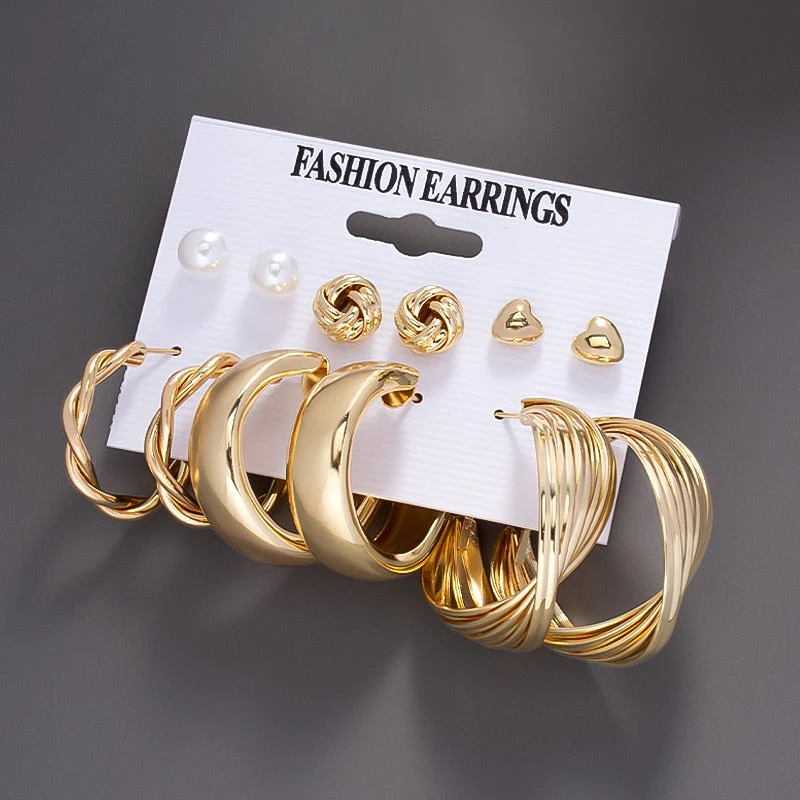 DEANWANGKT Boho Women's Earrings Vintage Punk Gold Color Metal Acrylic Big Circle Pearls Hoop Earring Set for Woman Girl Trend Jewelry - Deanwangkt