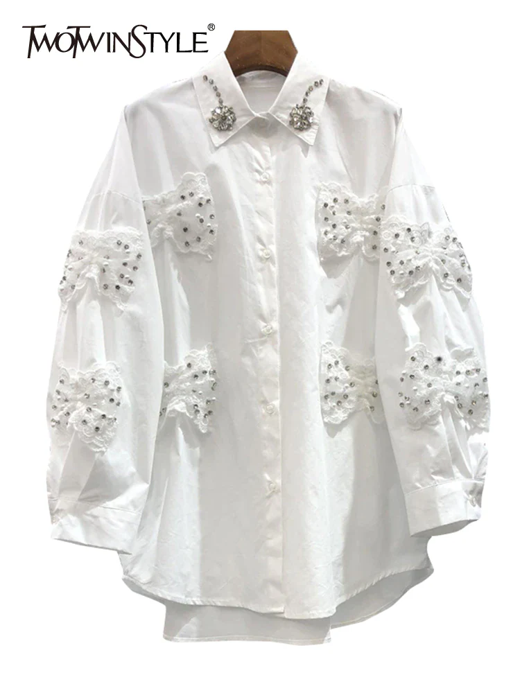 deanwangkt Korean Fashion Patchwork Bowknot Shirt For Women Lapel Lantern Sleeve Button Through Blouse Female Clothing Spring - Deanwangkt