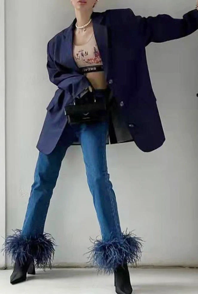 DEANWANGKT Back To School Puffy Feathers Cuff Jeans Women Stylish Denim Pants Fashion Streetwear High Waist Stretch Skinny Cropped Jeans - Deanwangkt