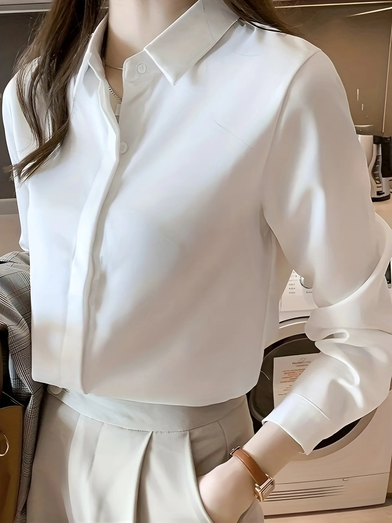 White Lapel Neck Button-down Business Shirts, Long Sleeve Casual Every Day Top, Women's Clothing - Deanwangkt
