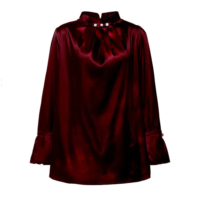 Women Satin Blouses Elegant Long Sleeve Silk Tops  Pearl Stand Collar Female Office Shirts Solid Casual Party Blusas - Deanwangkt