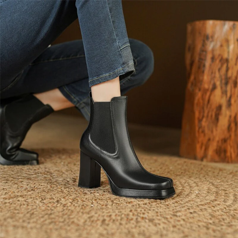 deanwangkt Autumn Boots   NEW Fall Shoes Women Split Leather Boots Square Toe Chunky Heel Shoes Solid Platform Modern Boots Eengent Super High Heel Boots - Deanwangkt