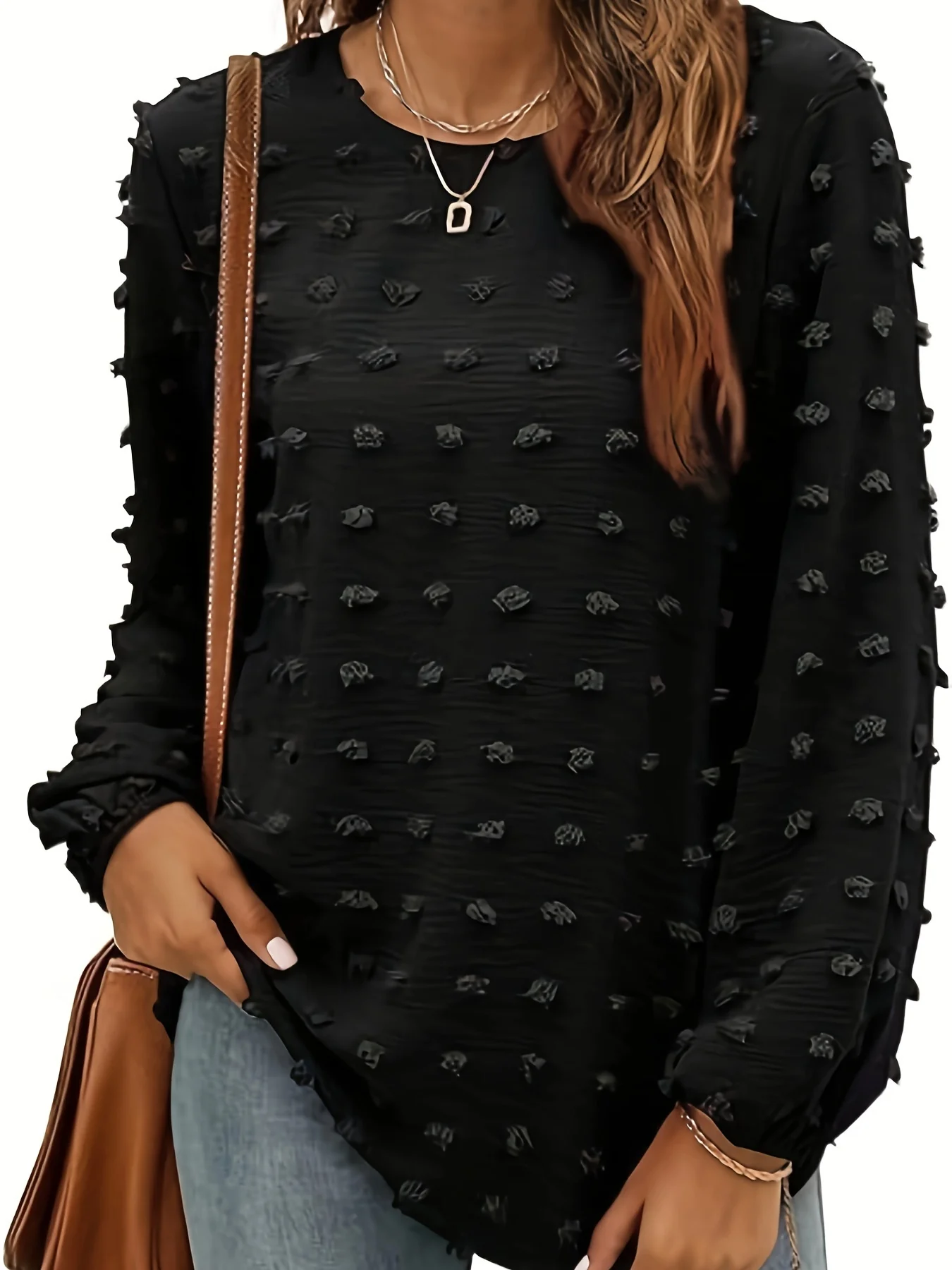 Plus Size Casual Top, Women's Plus Solid Swiss Dot Lantern Sleeve Round Neck Tunic Top - Deanwangkt