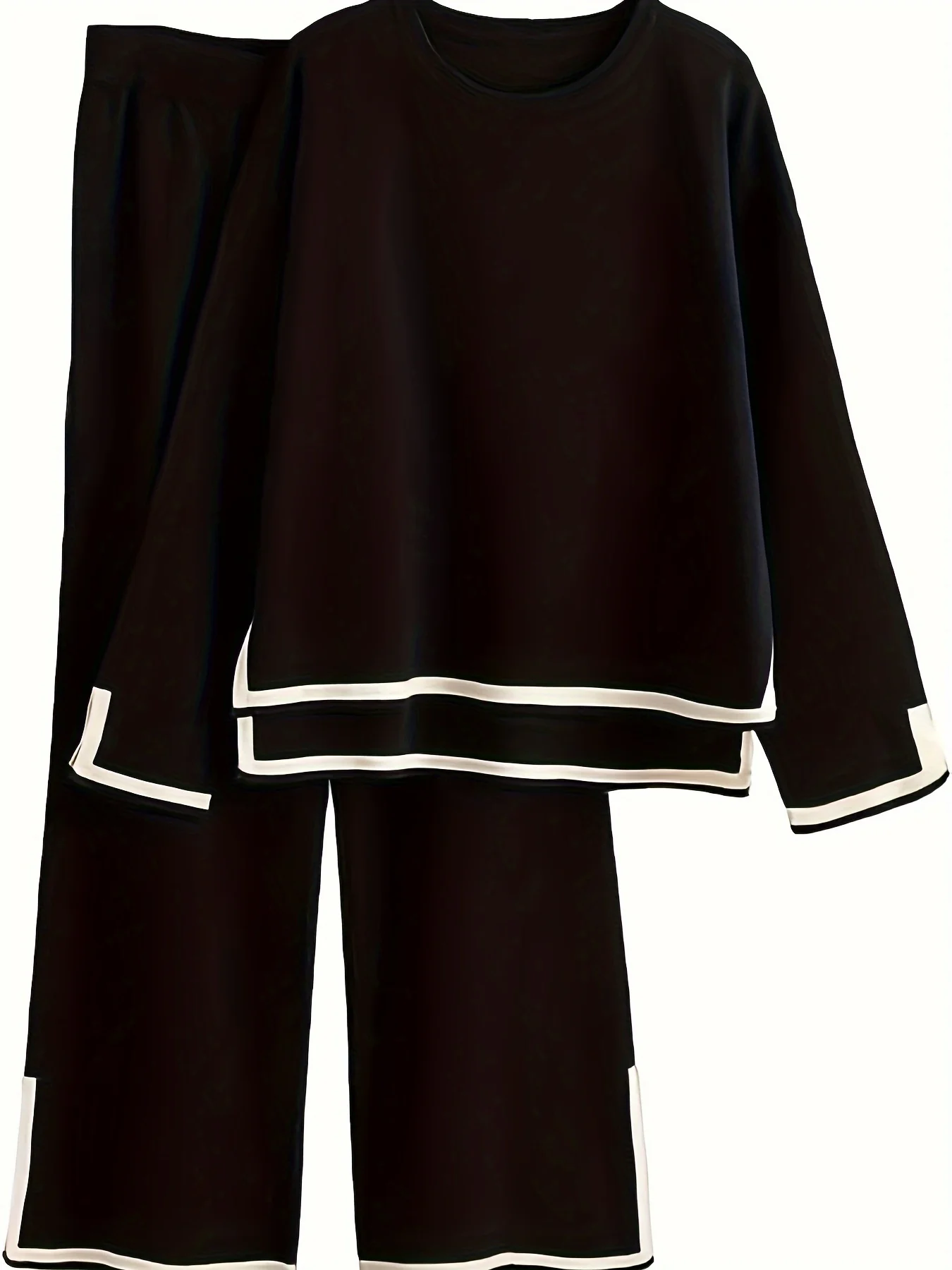 deanwangkt-1  Contrast Trim Two-piece Set, Crew Neck Long Sleeve Top & Elastic Waist Pants Outfits, Women's Clothing - Deanwangkt