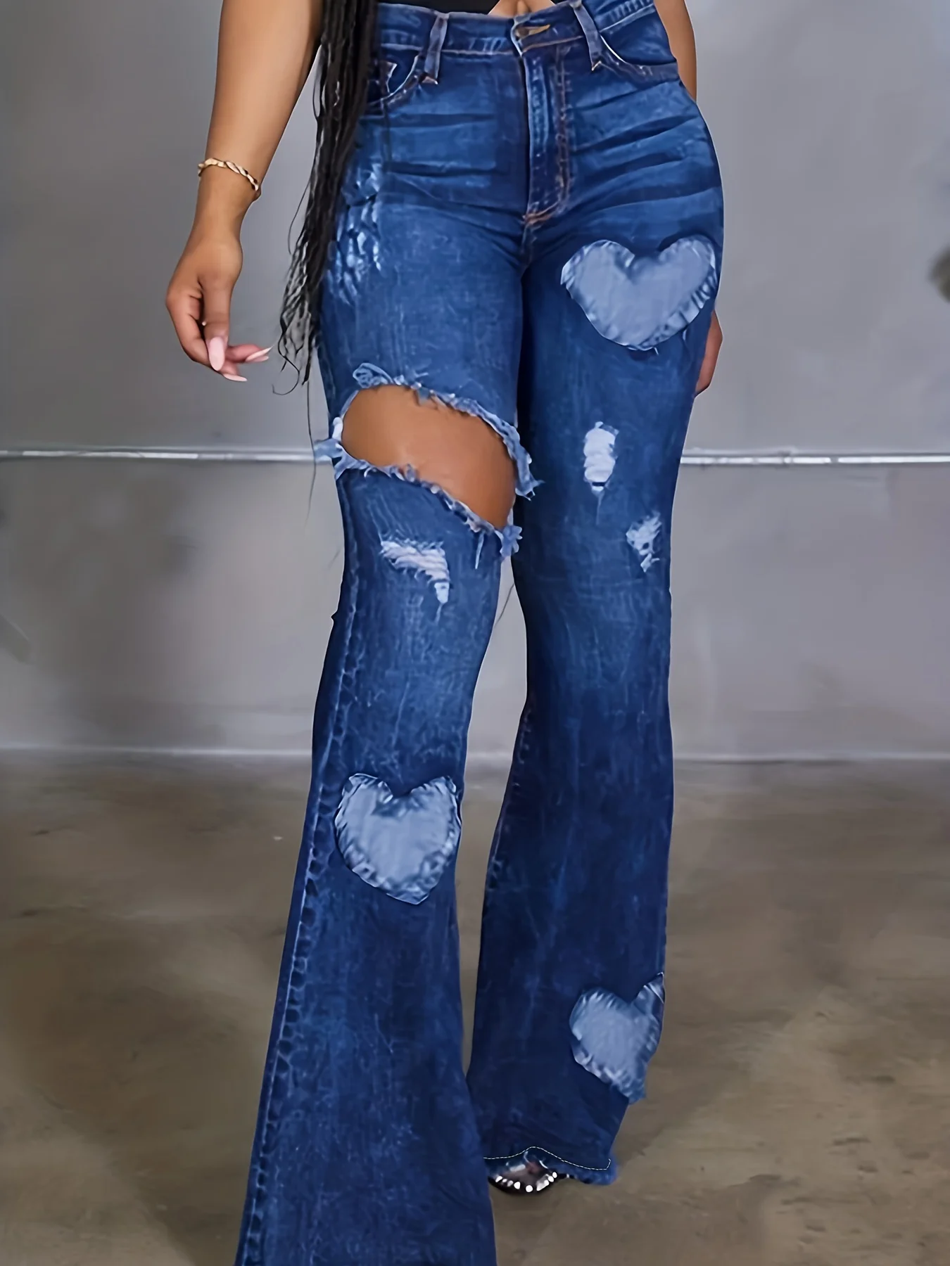 Blue Heart Shape Patchwork Flare Jeans, High-Stretch Ripped Holes Raw Hem Bell Bottom Jeans, Women's Denim Jeans & Clothing - Deanwangkt