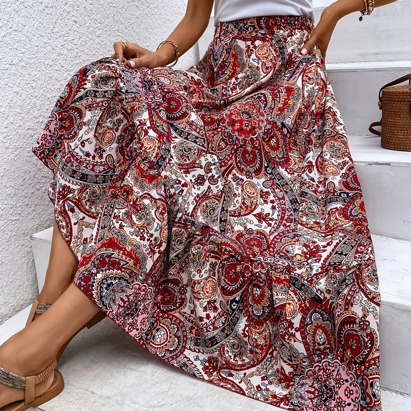 Paisley Print High Waist Skirt, Boho Skirt For Spring & Summer, Women's Clothing - Deanwangkt