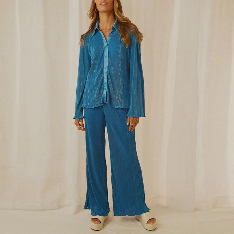 deanwangkt Back To School Causal Pleated Suit Women Elegant Long Sleeve Blouses Matching Wide Pants Suits Loose Shirts Two Piece Pant Set - Deanwangkt
