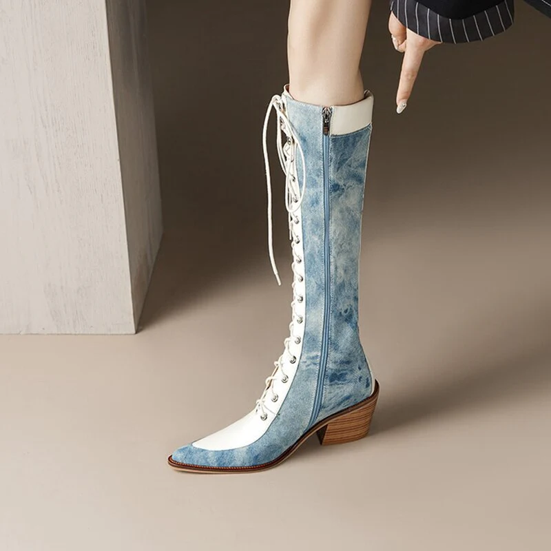 deanwangkt  Autumn Shoes   Autumn Boots Women Jean Shoes for Women Pointed Toe Chunky Heel Western Boots Knee-High Boots Denim Boots казаки женские обувь - Deanwangkt