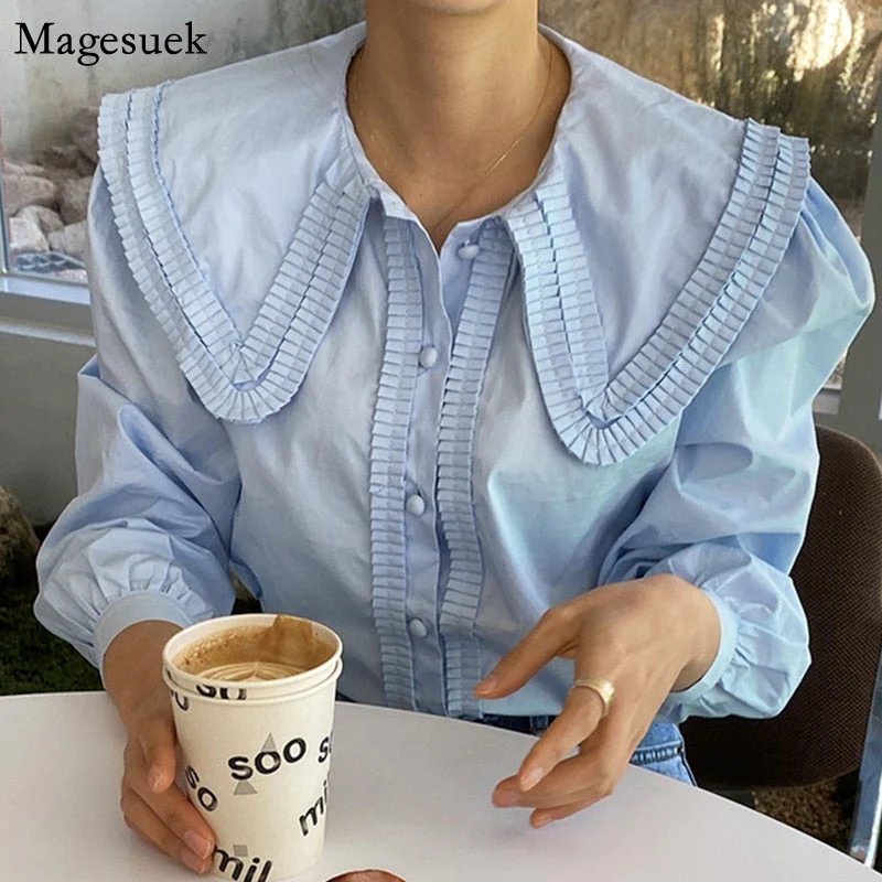 Graduation Gifts   Turn-Down Collar Puff Long Sleeve Button Loose Woman Shirt Solid White Women Blouses Tops Blusas Pleated Work Style OL Shirts - Deanwangkt