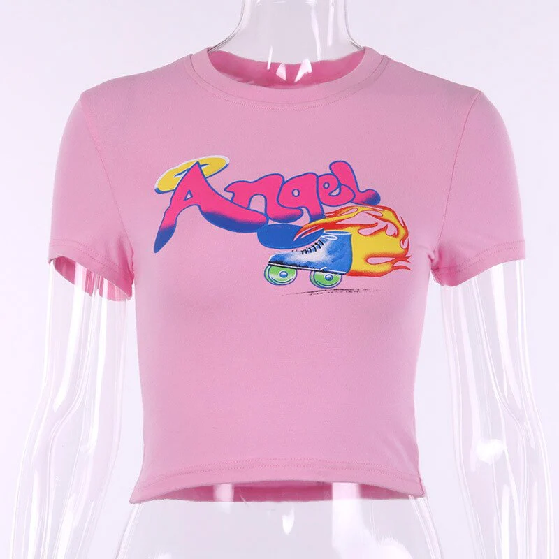 Letter Print Crop Top Graphic T Shirts O Neck Sexy Top Women Short Sleeve T-Shirts Fairy Grunge Slim Basic Baby Tees Y2K Clothes - Deanwangkt