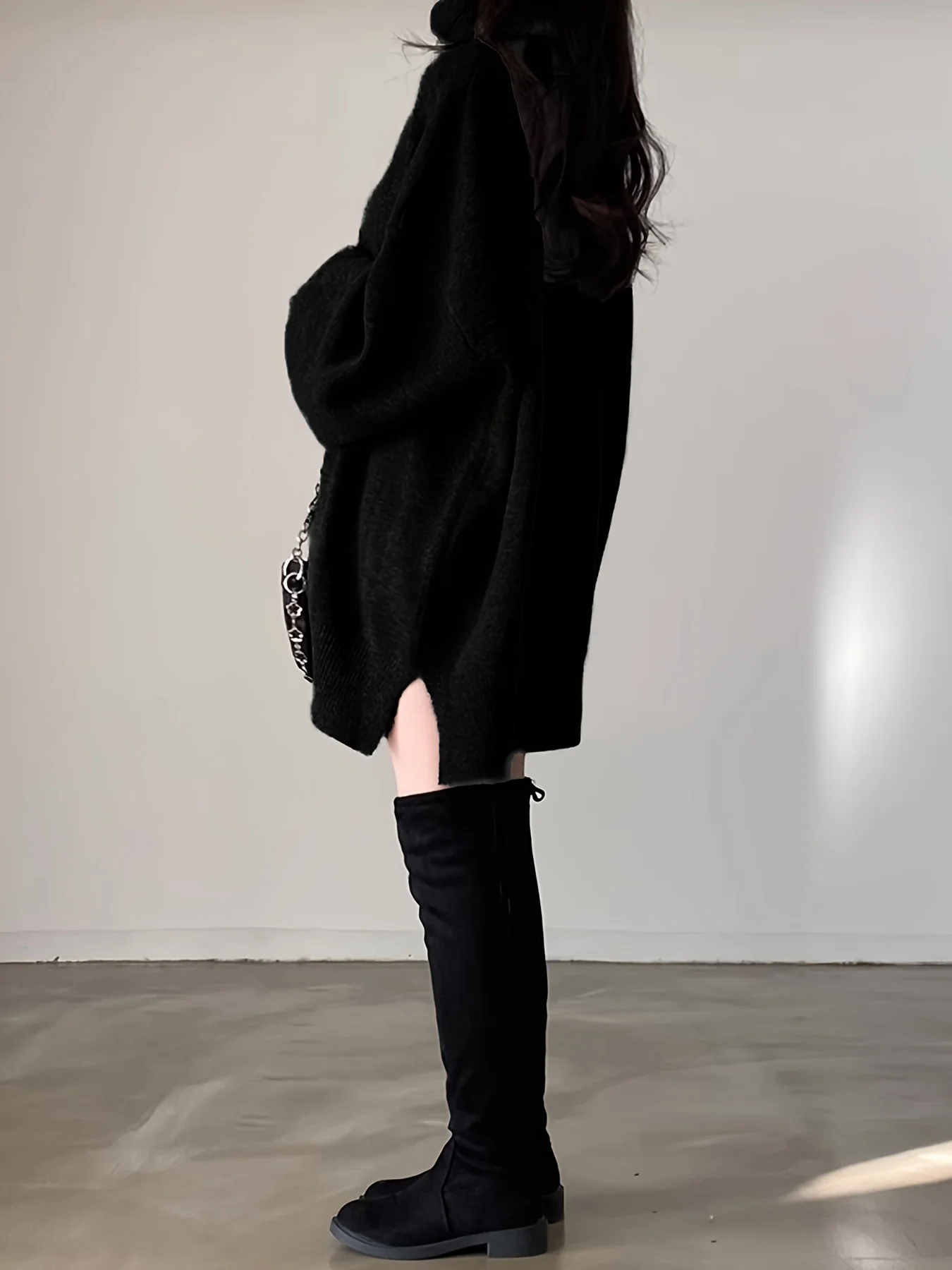 deanwangkt  Solid Turtle Neck Oversized Sweater, Casual Long Sleeve Split Sweater, Women's Clothing - Deanwangkt