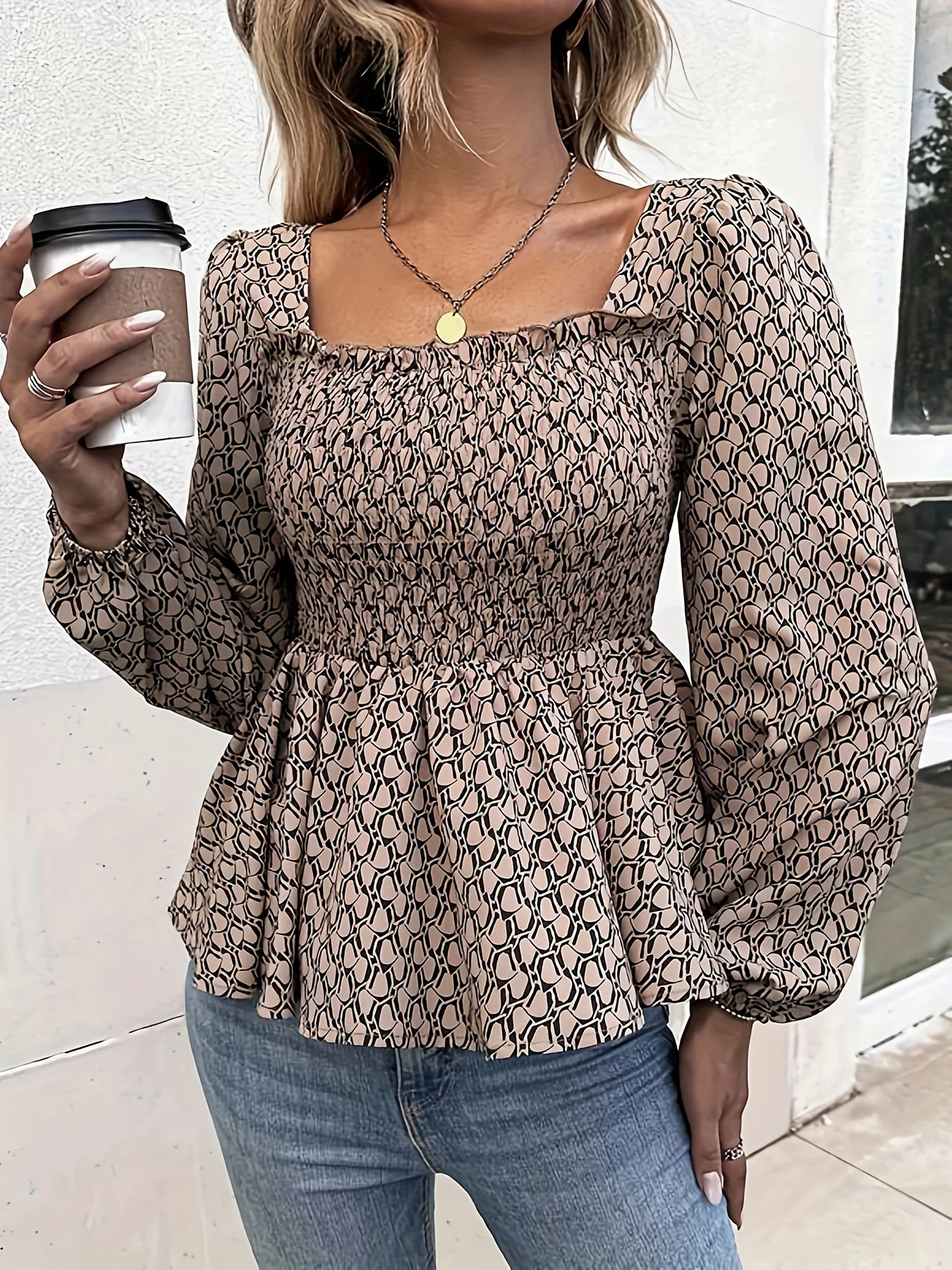 All Over Print Square Neck Blouse, Casual Long Sleeve Blouse For Spring & Fall, Women's Clothing - Deanwangkt