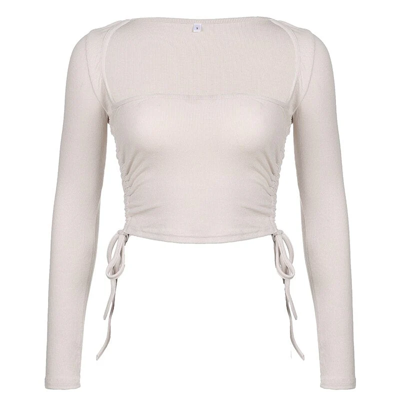 deanwangkt Sexy Slim Bodycon Dress Korean Style 2 Piece Sets Long Sleeve Drawstring Crop Top Maxi Dresses For Women Autumn - Deanwangkt