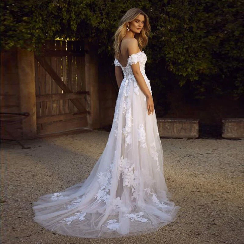 Lace Beach Wedding Dresses  Off the Shoulder Appliques A Line Boho Bride Dress Princess Wedding Gown Robe De Mariee - Deanwangkt