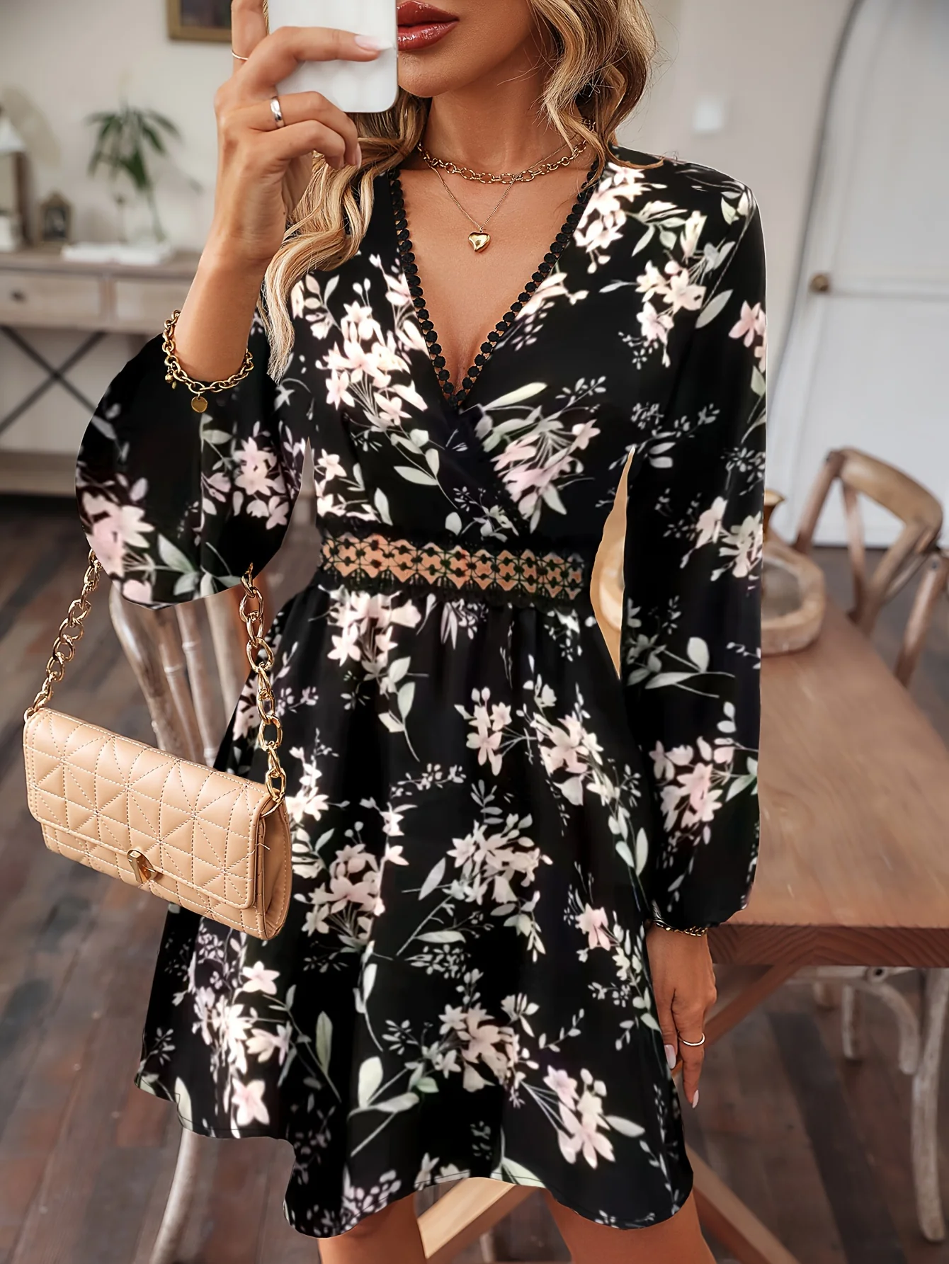 Floral Print Surplice Neck Dress, Elegant Long Sleeve A Line Dress, Women's Clothing - Deanwangkt