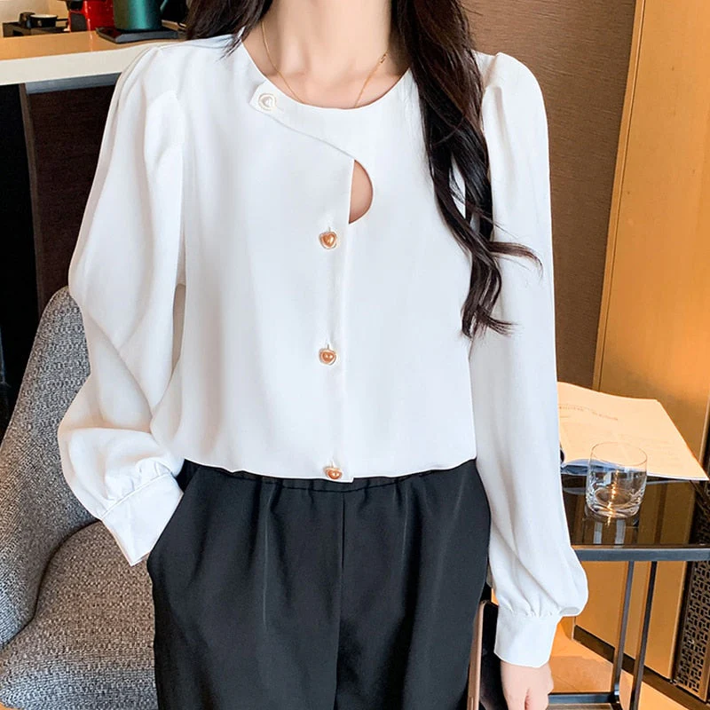 deanwangkt Casual Hollow Shirt Elegant Office Lady Tops Autumn Long Sleeve Blouse Fashion Chic Round Collar Solid Loose Women Clothes - Deanwangkt
