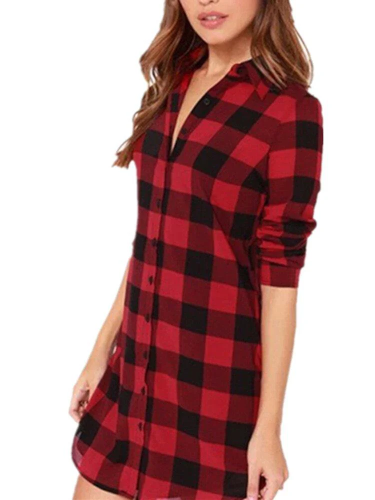 deanwangkt Women Plaid Casual Loose Fit Simple Long Sleeve Shirt - Deanwangkt