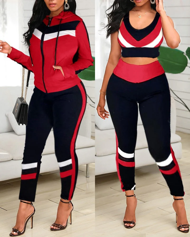 deanwangkt  Colorblock Crop Top & High Waist Pants & Hooded Coat Set Casual Women 3 Piece Set Outfits Sleeve Style Clothing Length Collar - Deanwangkt
