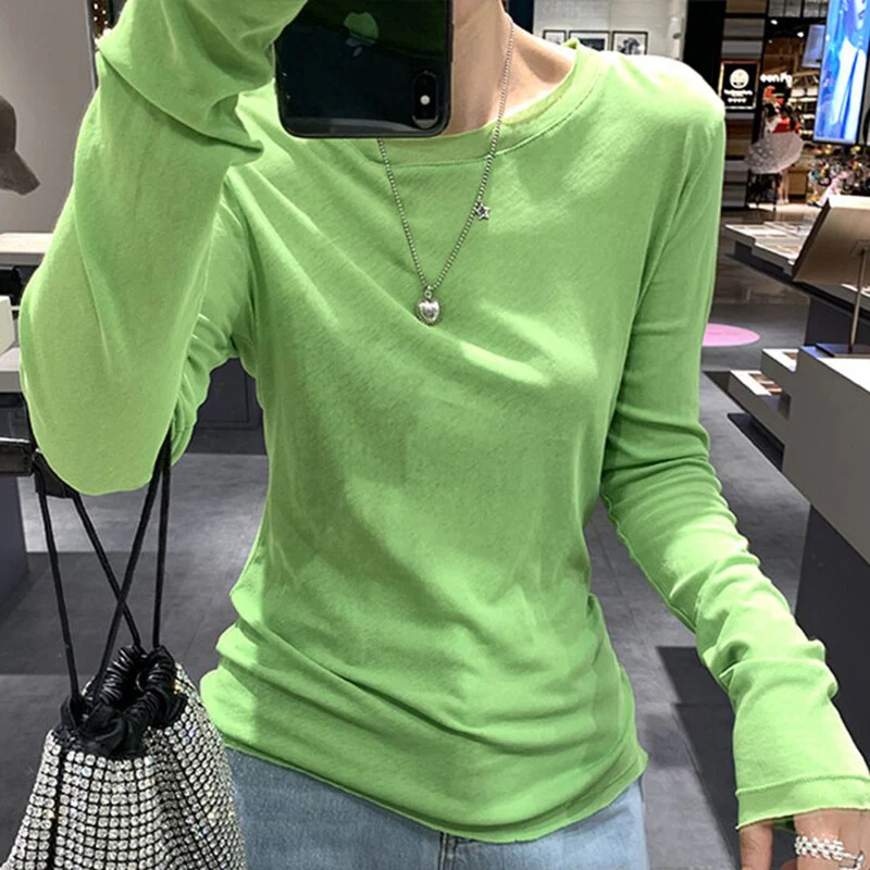 Wenkouban Long Sleeve Tops For Women Solid Cotton Tee Shirt Femme Korean Fashion Clothing Casual Tshirts Slim T-Shirt Tees Spring Autumn - Deanwangkt