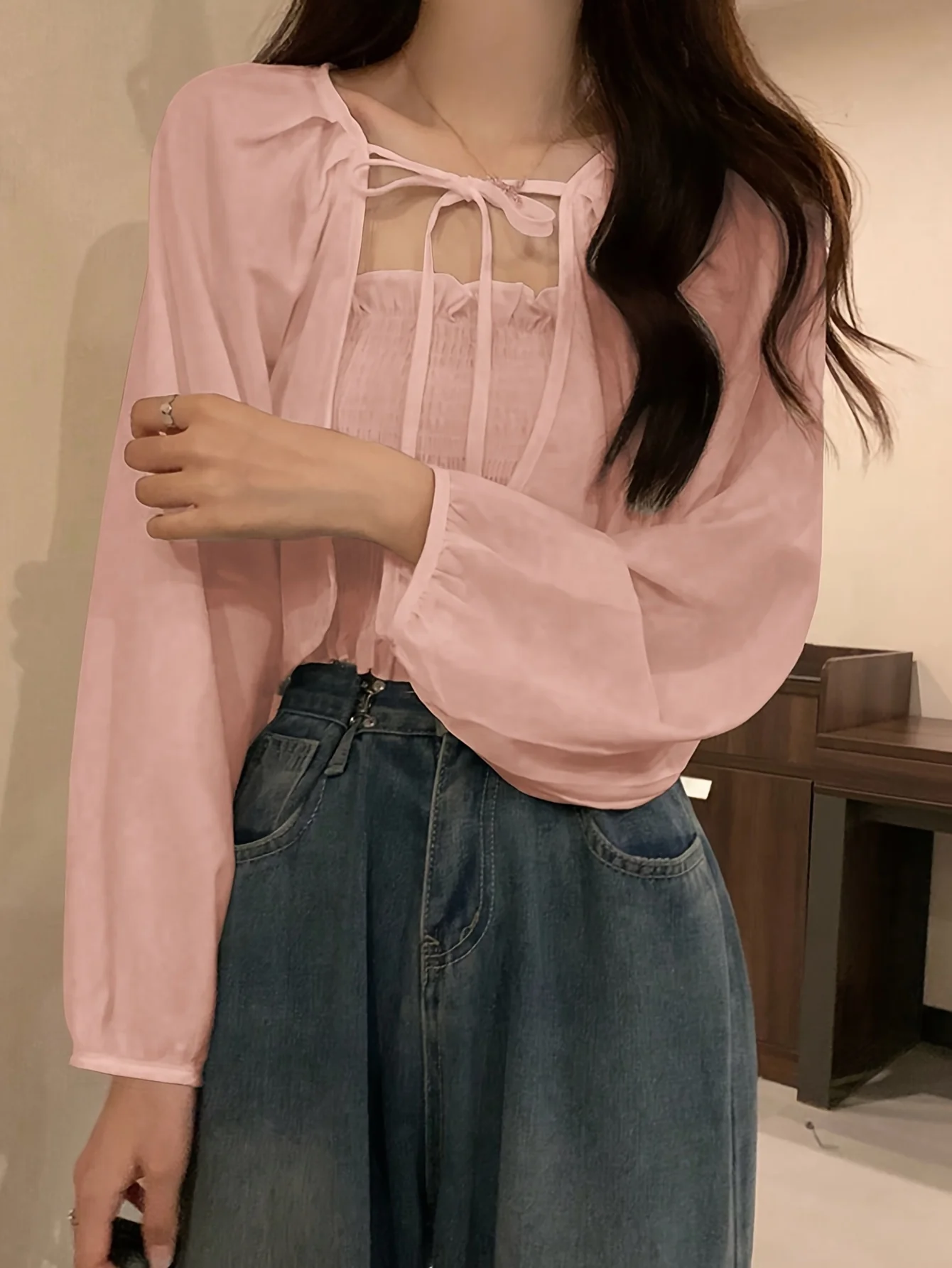 deanwangkt  Solid Color Two-piece Set, Casual Lantern Sleeve Open Front Tied Top & Ruffle Trim Shirred Strap Top Outfits, Women's Clothing - Deanwangkt