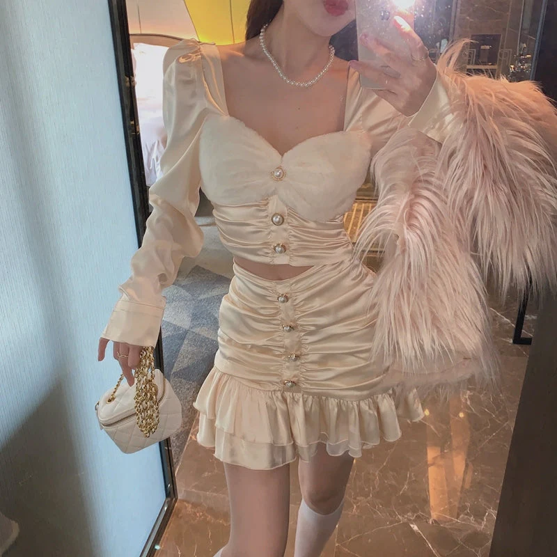 Fall Korean Sweet Two Piece Set Women Sexy Mink Velvet Patchwork Crop Top + Bodycon Skirts Sets Super-Short Shirt 2 Piece Suits  Fairy Dress - Deanwangkt