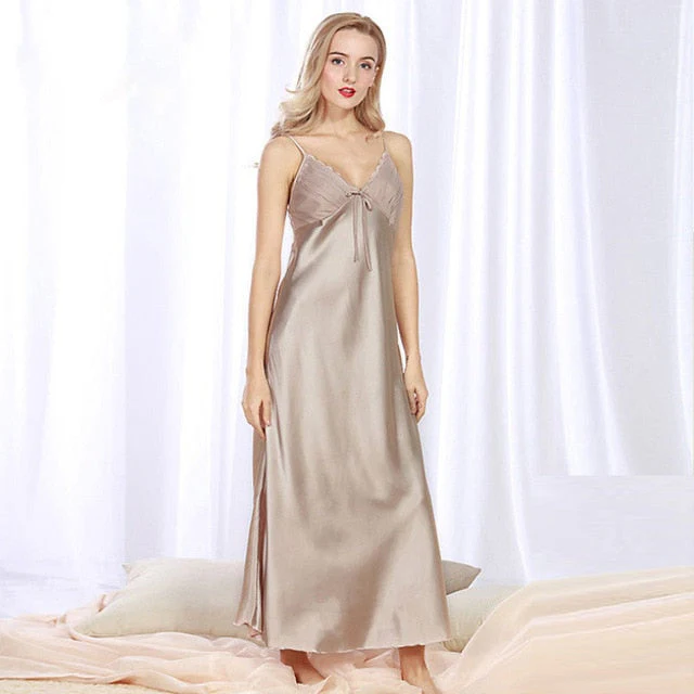 Women Long Sexy Nightwear Satin Sleepwear Silk Spaghetti Strap Sleepshirts Plus Size Nightdress Lingerie Night Wear Dress Gown - Deanwangkt