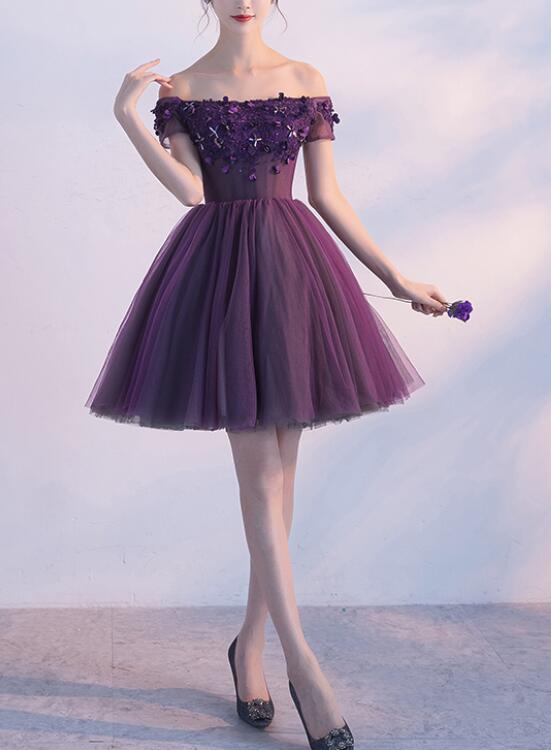 Solvbao Dark Purple Off Shoulder Knee Length Homecoming Dress , Lovely Formal Dress, Cute Party Dress - Deanwangkt