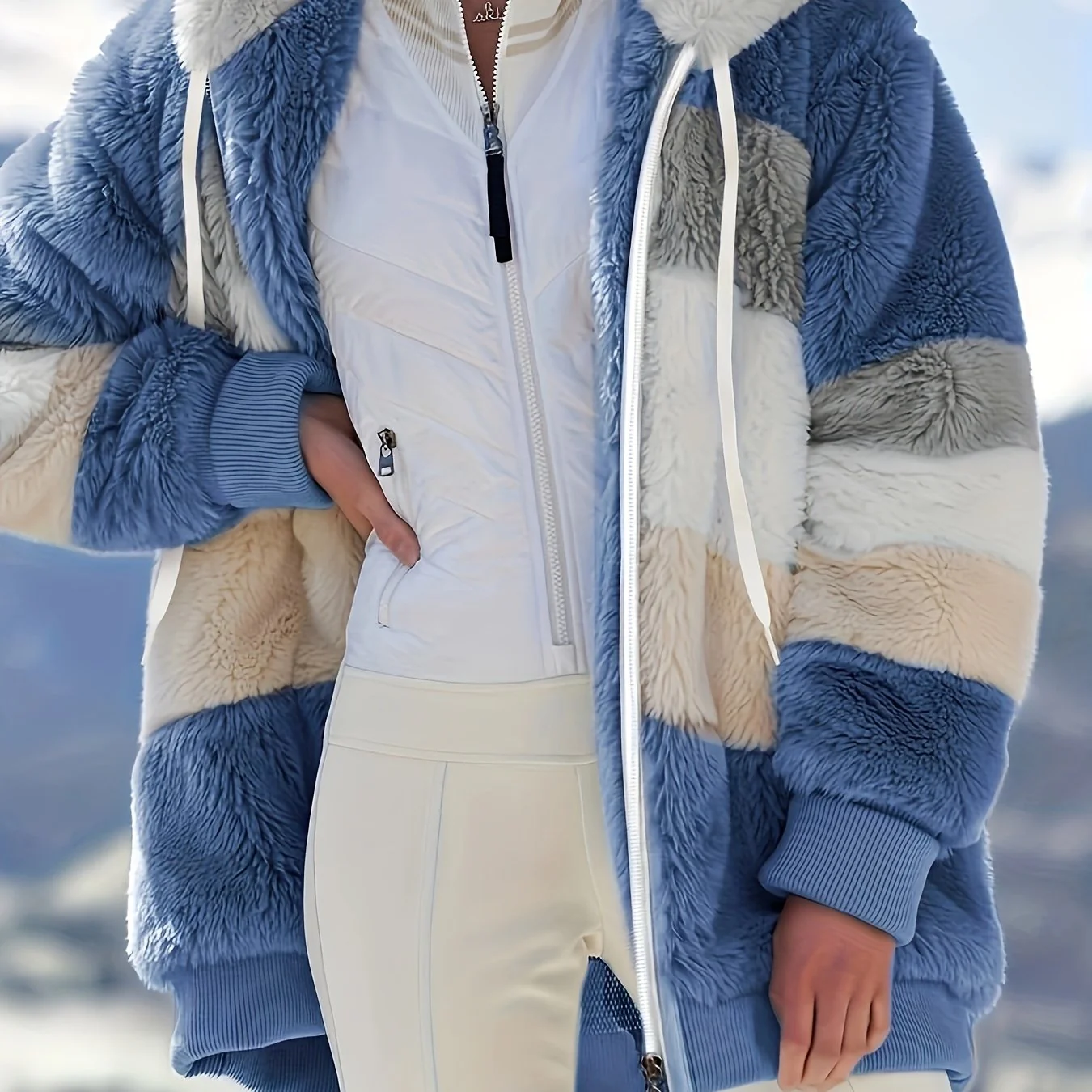 Color Block Hooded Teddy Coat, Casual Zip Up Long Sleeve Winter Warm Outerwear, Women's Clothing - Deanwangkt