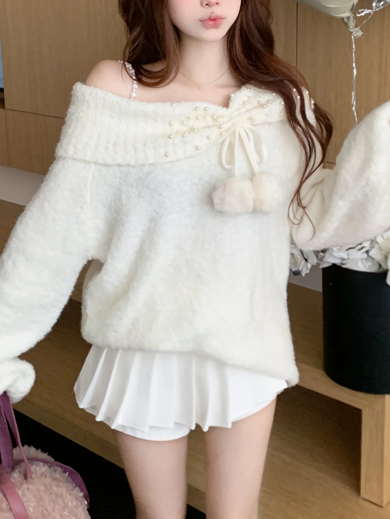 deanwangkt Asymmetric Shoulder Chain Strap Sweater, Chic Long Sleeve Beaded Sweater For Fall & Winter, Women's Clothing - Deanwangkt