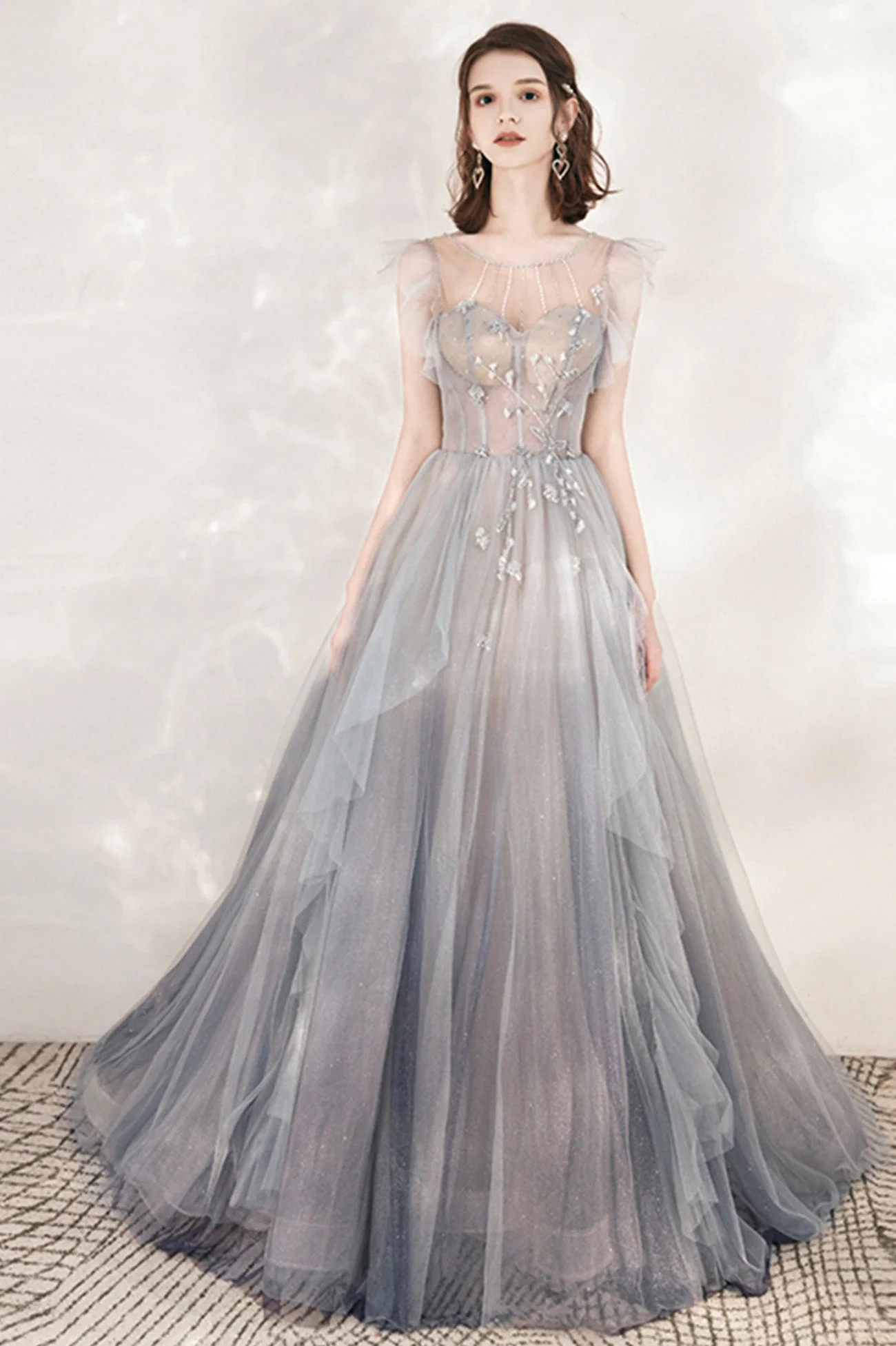 solvbao Gray Tulle Beading Long Prom Dresses, A-Line Scoop Neckline Evening Dresses - Deanwangkt