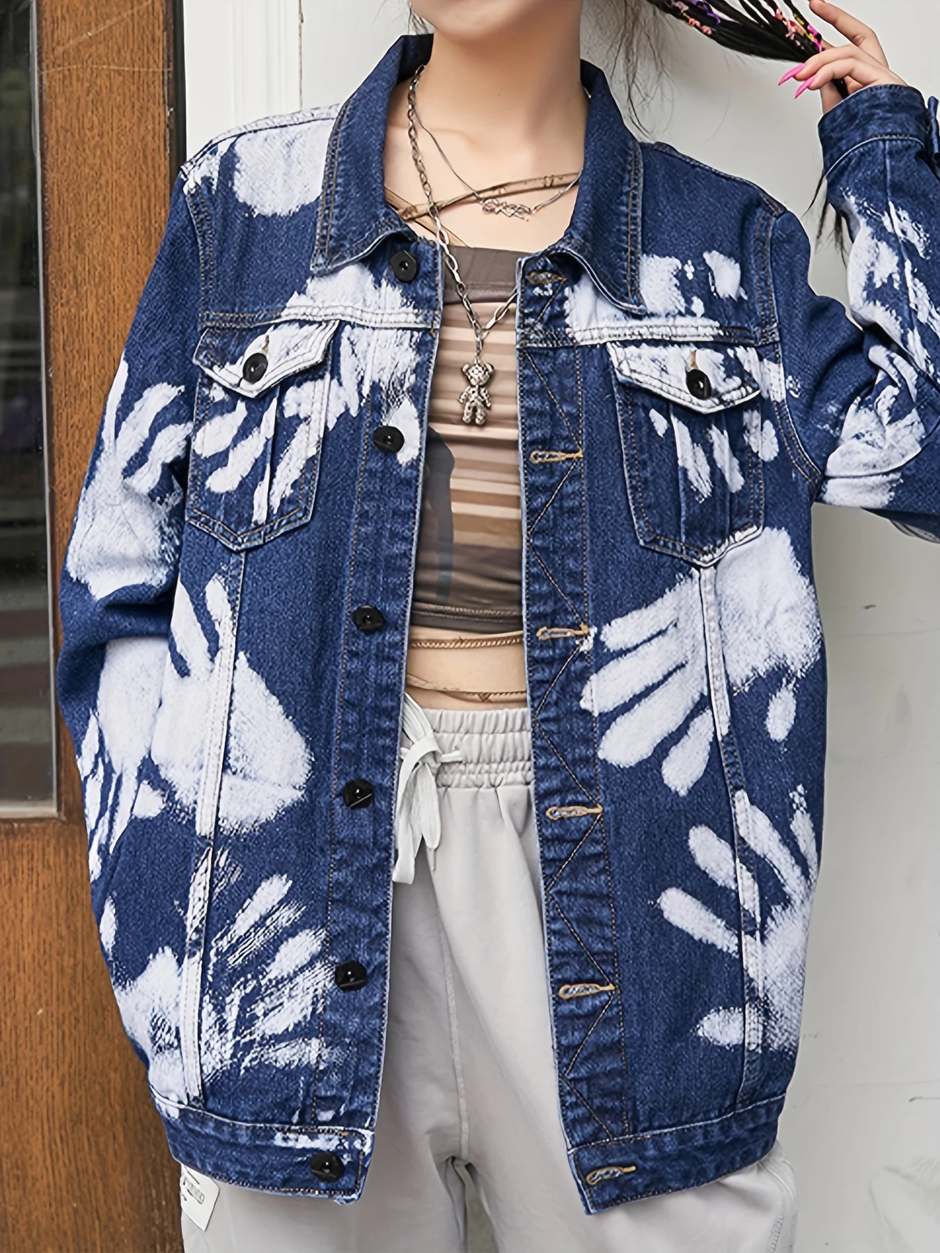 Blue Hand Shaped Graffiti Print Denim Jackets, Long Sleeves Personalized Lapel Denim Coats, Women's Denim Clothing - Deanwangkt