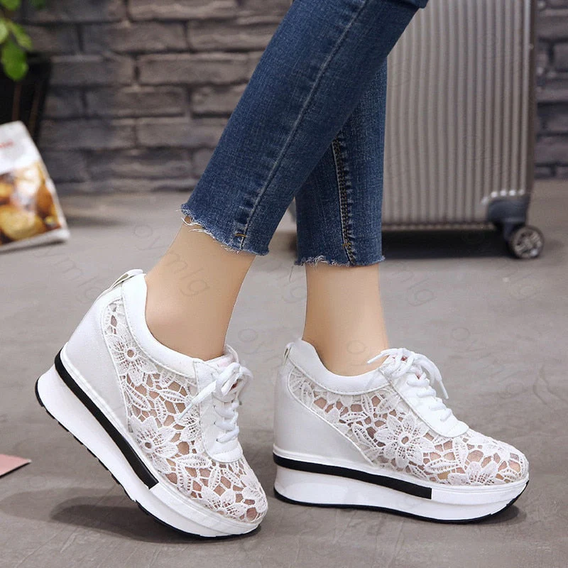 deanwangkt Christmas Gift Hot Sales  Summer New Lace Breathable Sneakers Women Shoes Comfortable Casual Woman Platform Wedge Shoes - Deanwangkt