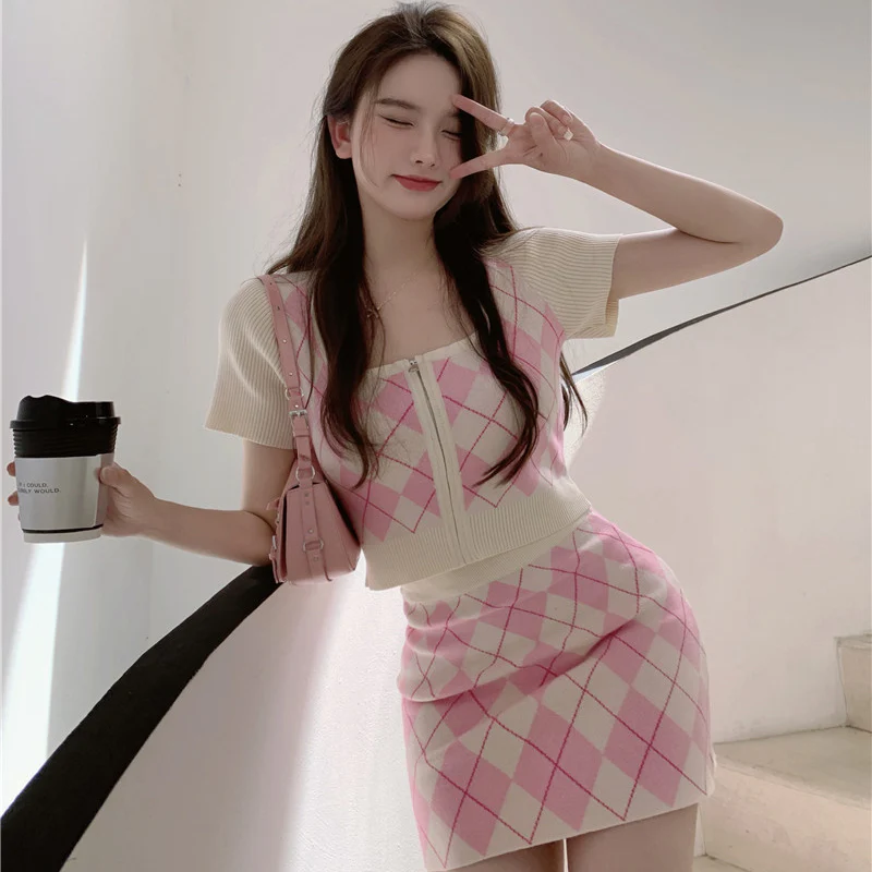 deanwangkt Korean Office Lady Sweet 2 Pieces Sets Square Collar Short Sleeve Crop Knit Blouses and Hit Color Plaid Mini Skirts Suit - Deanwangkt
