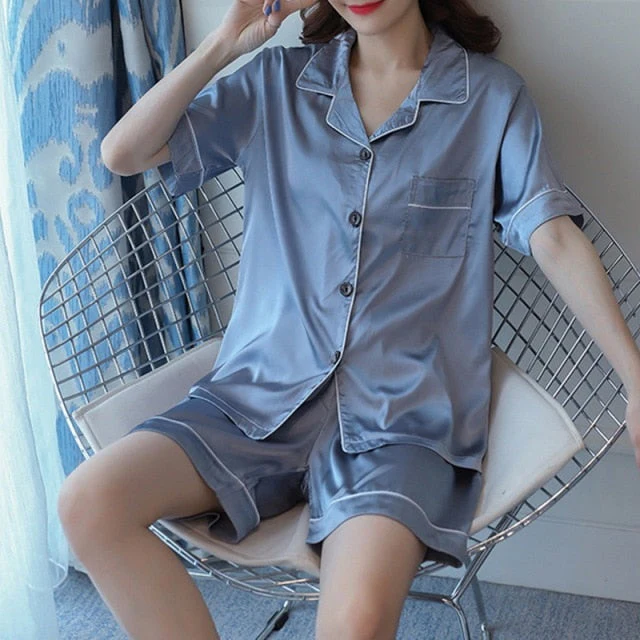 Silk Pajamas for Women Home Suit Heart Embroidered Pyjamas Pj Set Satin Nightwear Sleepwear  Pijama Verano Mujer - Deanwangkt