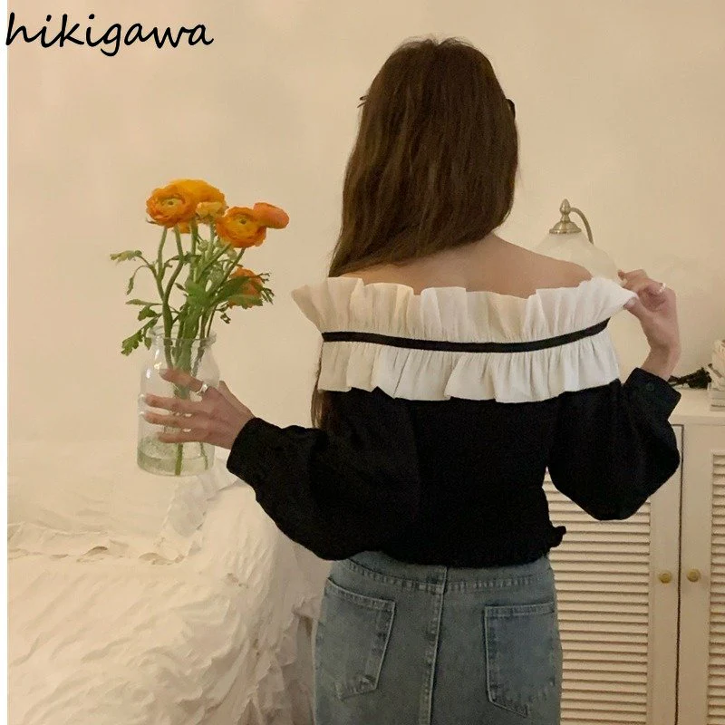 deanwangkt Blusas De Mujer Sexy Slash Neck Blouse for Women Temperament Tops Female Fashion Ruffles Slim Sweet Korean Blouses Shirt - Deanwangkt