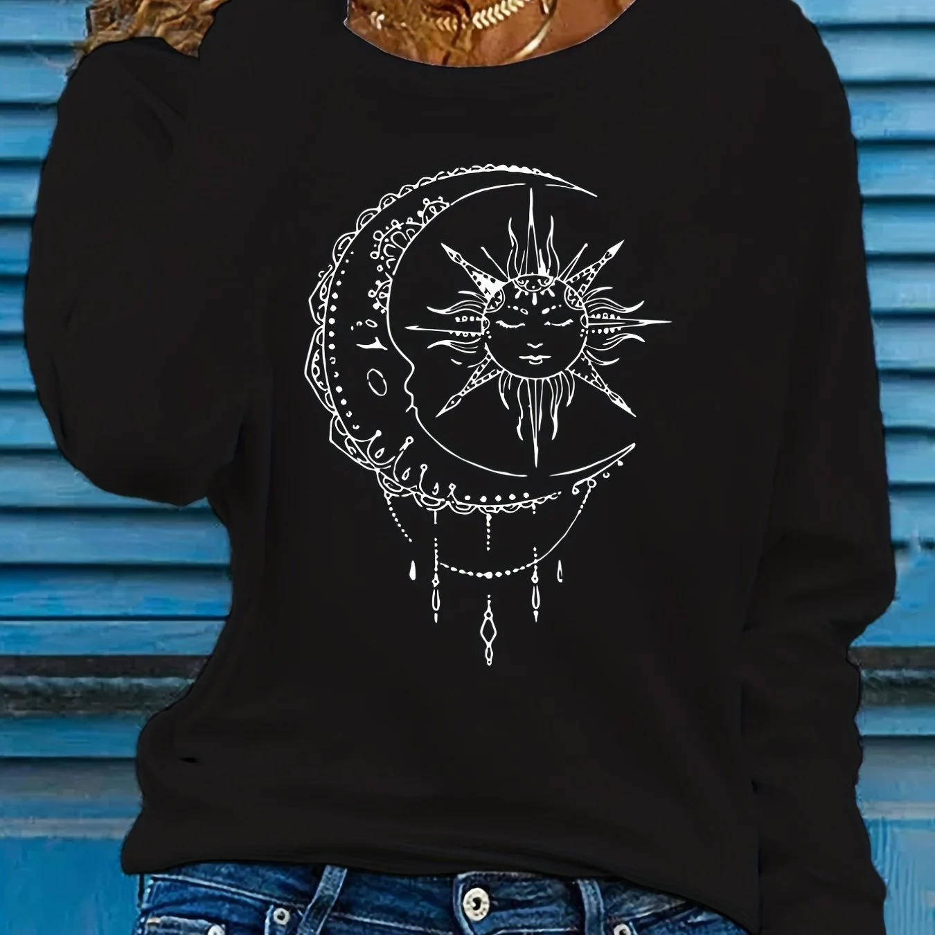 deanwangkt  Sun & Moon Print Crew Neck T-shirt, Casual Long Sleeve T-shirt, Women's Clothing - Deanwangkt