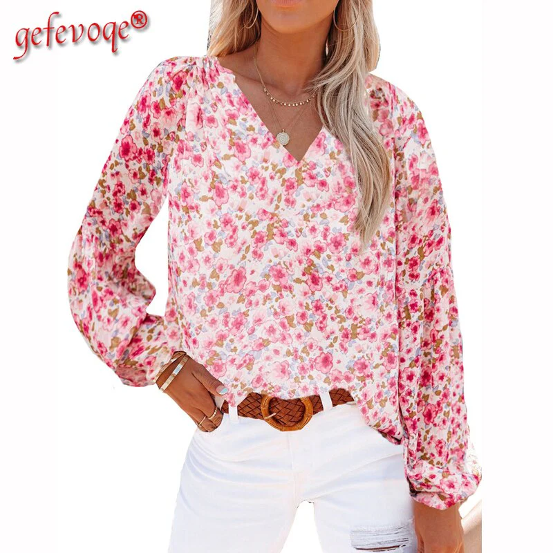 deanwangkt V-neck Lantern Sleeve Floral Print Tops Fashion Women Blouses Oversized Chiffon Shirts Blouse Female Clothing Chemise Femme - Deanwangkt