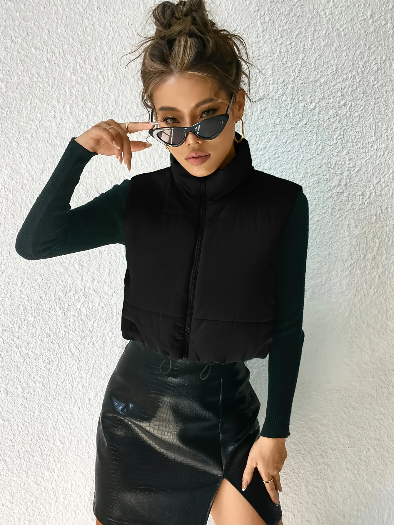 Solid Stand Collar Zipper Vest, Versatile Sleeveless Drawstring Warm Outwear For Fall & Winter, Women's Clothing - Deanwangkt